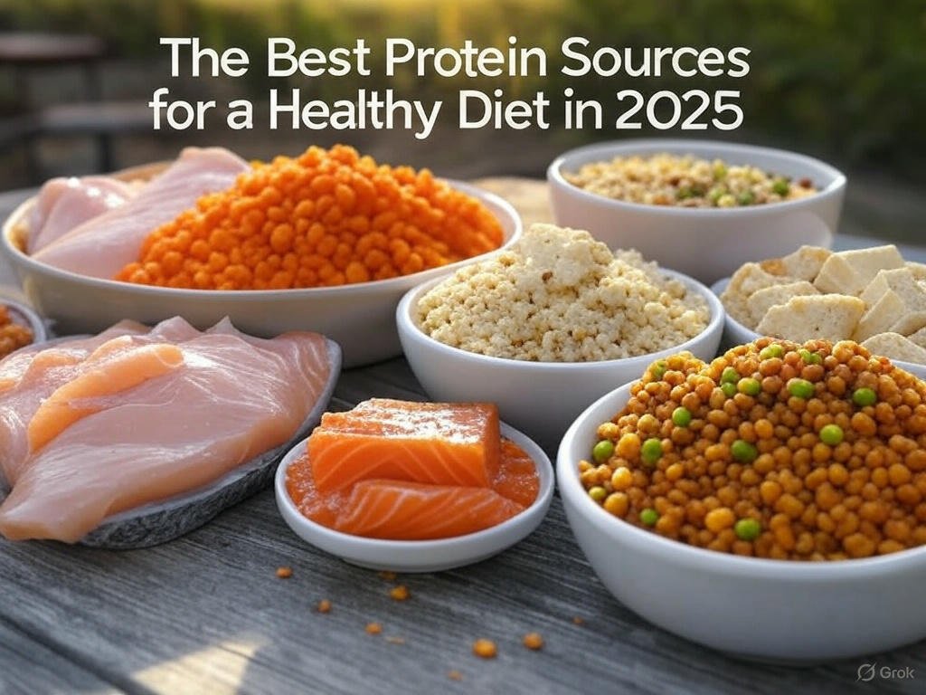 A plate of protein bars and nuts, ideal for a high-protein snack on the go.,Rich Snacks (Eggs, Yogurt, Protein Bars, Peanut Butter, Roasted Chickpeas),A scoop of whey protein powder in a shaker bottle, a popular supplement for muscle recovery.A bowl of mixed legumes, including lentils and chickpeas, a great plant-based protein source.,A bowl of Greek yogurt topped with berries and nuts, a high-protein dairy option.,Grilled chicken breast served with vegetables, a rich source of lean protein.,protein sources